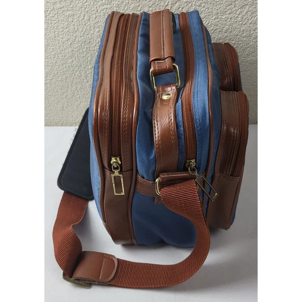 Vtg Albinar Leather/Canvas Camera Bag 4 Zip Pockets Shoulder Strap Blue/Brown